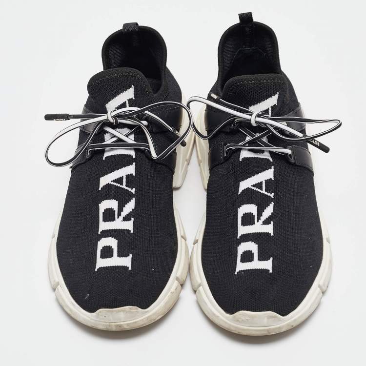 Pre Owned Prada Black/White Knit Fabric Lace Up Sneakers Size 37.5