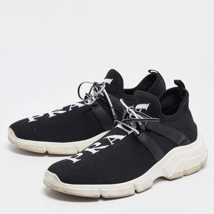 Pre Owned Prada Black/White Knit Fabric Lace Up Sneakers Size 37.5