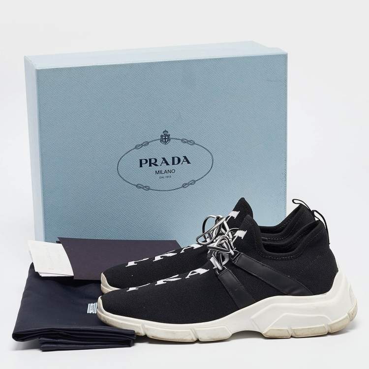 Pre Owned Prada Black/White Knit Fabric Lace Up Sneakers Size 37.5