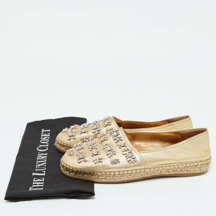 Pre Owned Prada Gold Leather Crystal Embellished Espadrille Flats Size 39.5