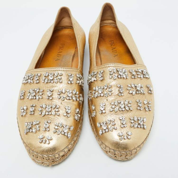 Pre Owned Prada Gold Leather Crystal Embellished Espadrille Flats Size 39.5
