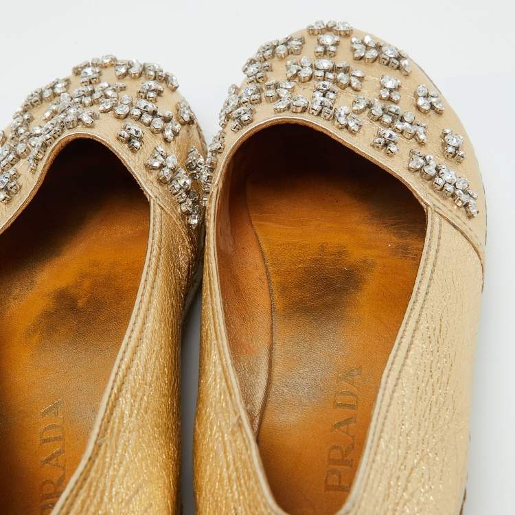 Pre Owned Prada Gold Leather Crystal Embellished Espadrille Flats Size 39.5
