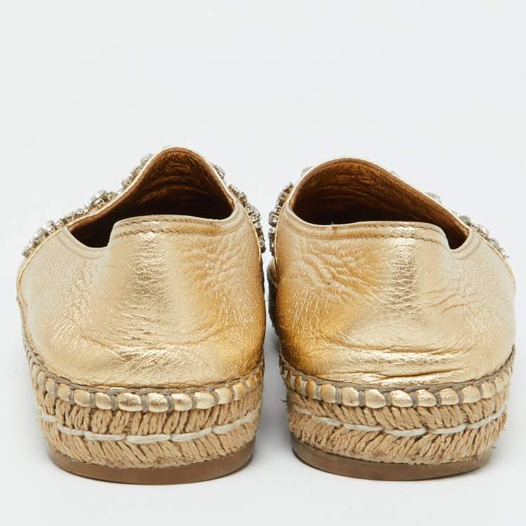 Pre Owned Prada Gold Leather Crystal Embellished Espadrille Flats Size 39.5