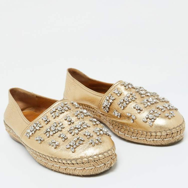 Pre Owned Prada Gold Leather Crystal Embellished Espadrille Flats Size 39.5