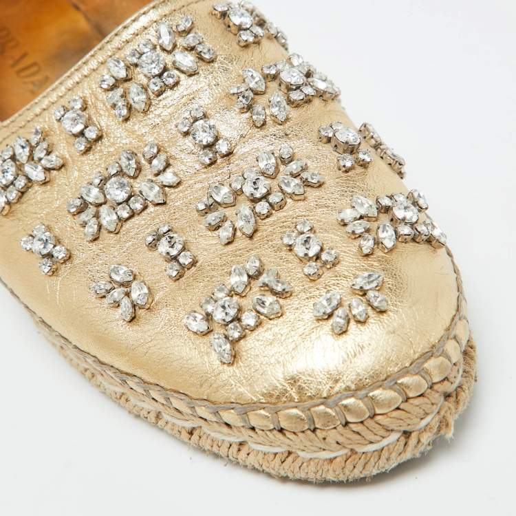 Pre Owned Prada Gold Leather Crystal Embellished Espadrille Flats Size 39.5