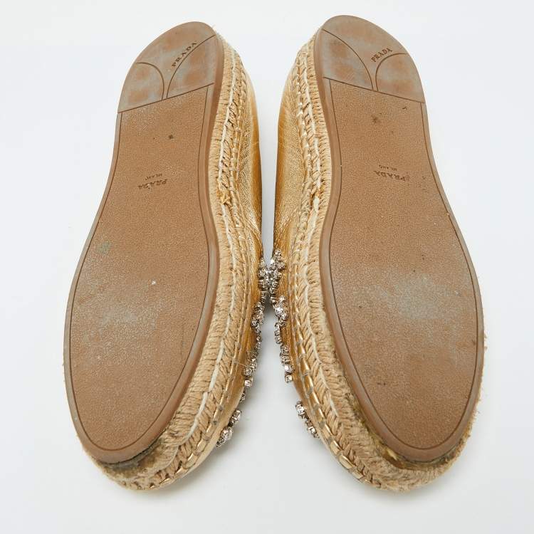 Pre Owned Prada Gold Leather Crystal Embellished Espadrille Flats Size 39.5
