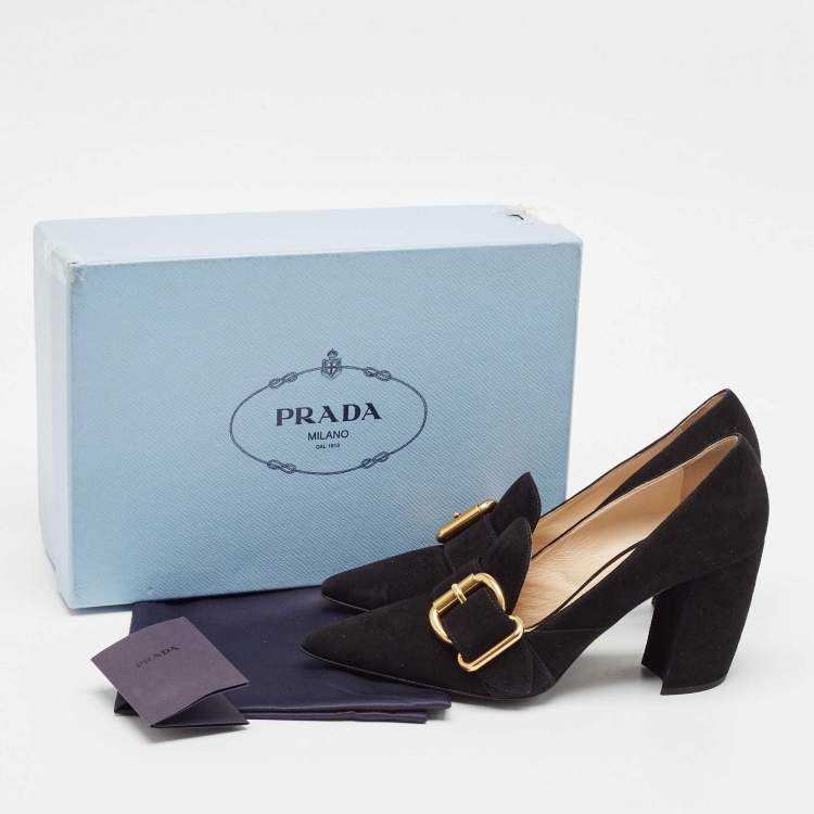 Pre Owned Prada Black Suede Buckle Detail Block Heel Pumps Size 38