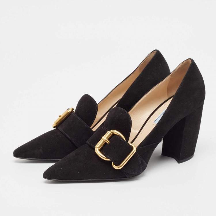 Pre Owned Prada Black Suede Buckle Detail Block Heel Pumps Size 38