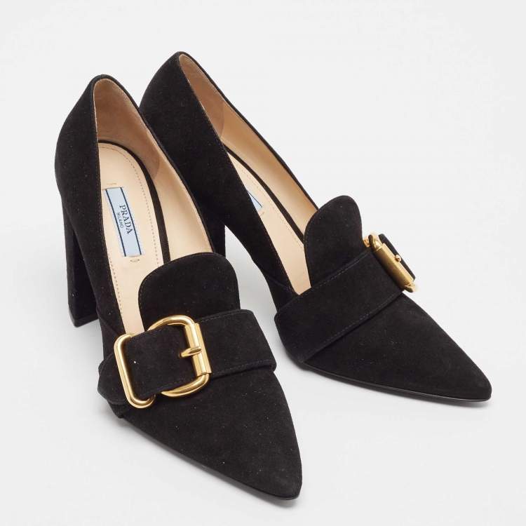 Pre Owned Prada Black Suede Buckle Detail Block Heel Pumps Size 38