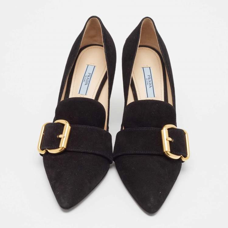 Pre Owned Prada Black Suede Buckle Detail Block Heel Pumps Size 38