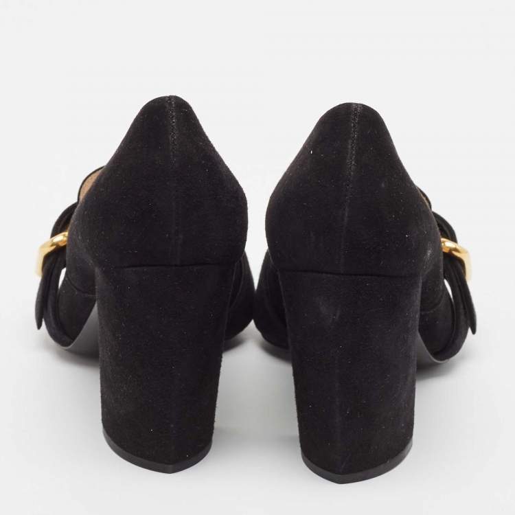 Pre Owned Prada Black Suede Buckle Detail Block Heel Pumps Size 38