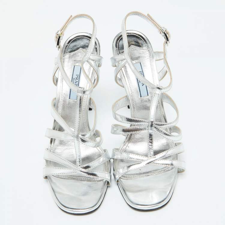 Pre Owned Prada Silver Leather Ankle Strap Sandals Size 39