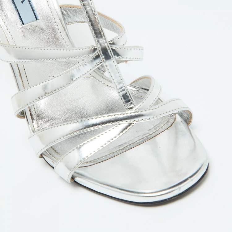 Pre Owned Prada Silver Leather Ankle Strap Sandals Size 39
