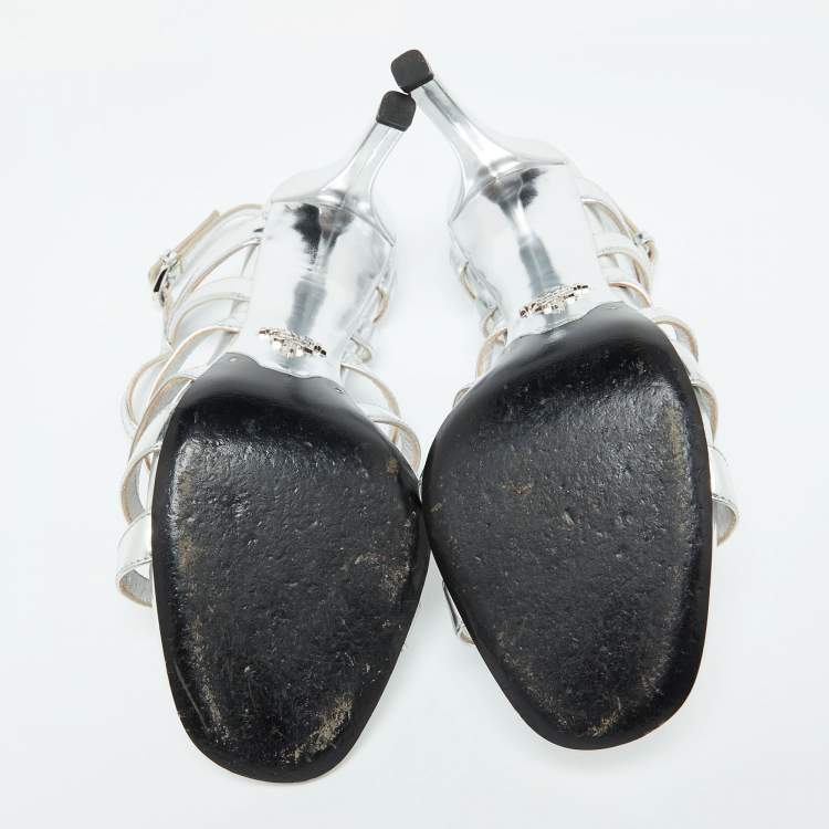 Pre Owned Prada Silver Leather Ankle Strap Sandals Size 39