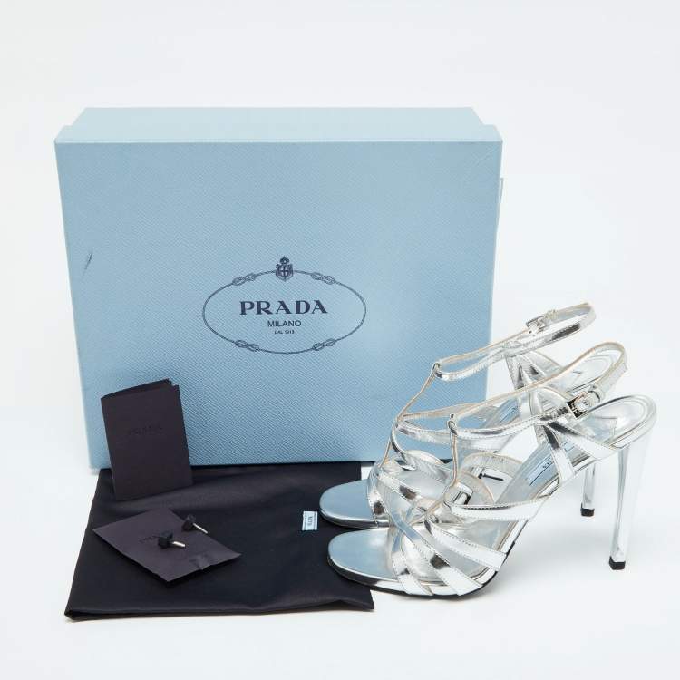 Pre Owned Prada Silver Leather Ankle Strap Sandals Size 39