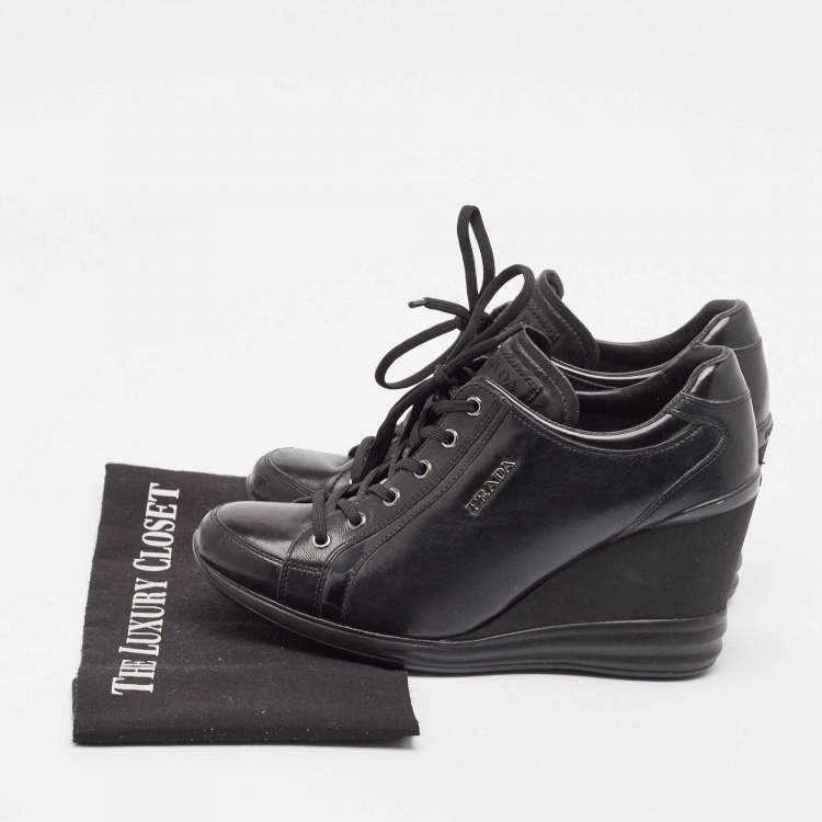 Pre Owned Prada Black Leather High Top Wedge Sneakers Size 39