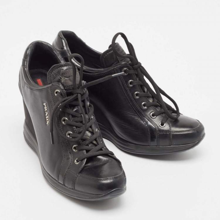 Pre Owned Prada Black Leather High Top Wedge Sneakers Size 39