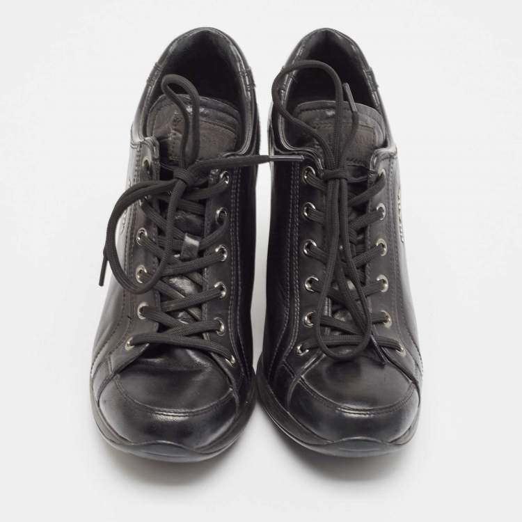 Pre Owned Prada Black Leather High Top Wedge Sneakers Size 39