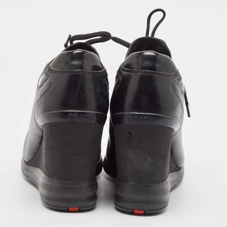 Pre Owned Prada Black Leather High Top Wedge Sneakers Size 39