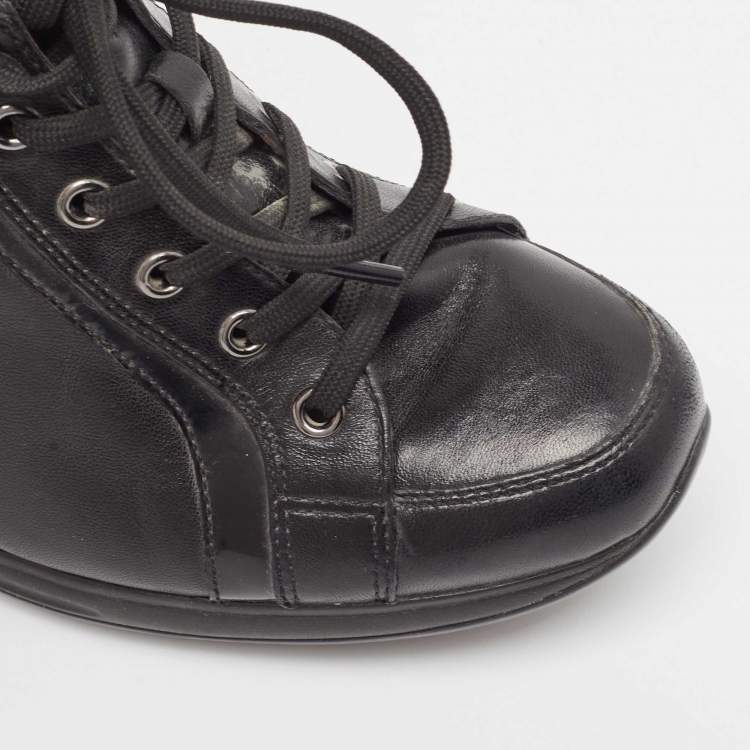 Pre Owned Prada Black Leather High Top Wedge Sneakers Size 39