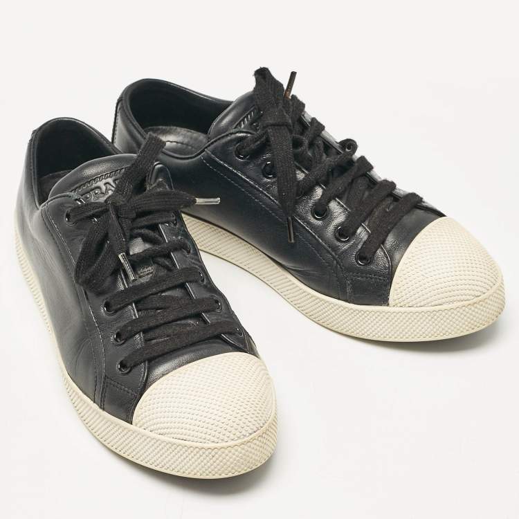 Pre Owned Prada Black Leather Lace Up Sneakers Size 36.5