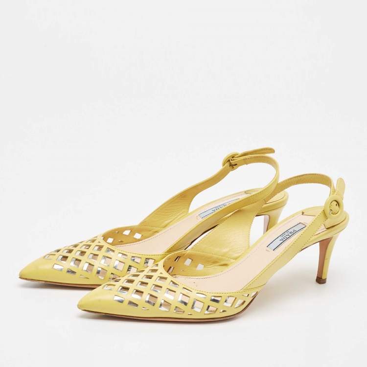 Pre Owned Prada Yellow Leather Pointed Toe Slingback Pumps Size 39.5