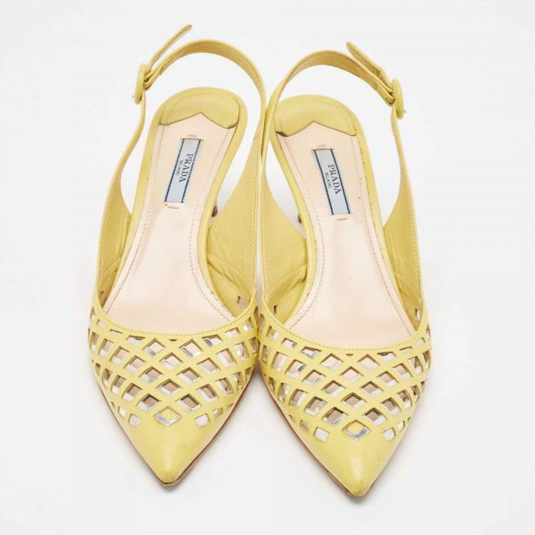 Pre Owned Prada Yellow Leather Pointed Toe Slingback Pumps Size 39.5