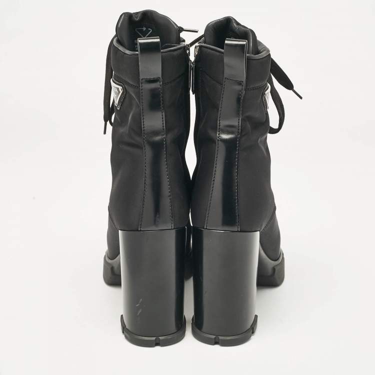 Pre Owned Prada Black Leather and Nylon Ankle Length Boots Size 38
