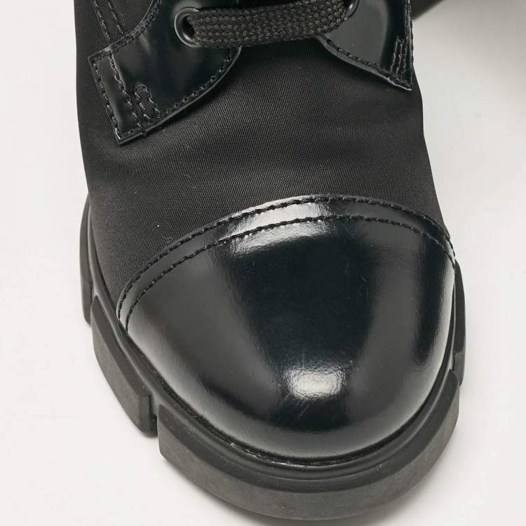 Pre Owned Prada Black Leather and Nylon Ankle Length Boots Size 38