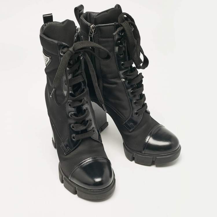 Pre Owned Prada Black Leather and Nylon Ankle Length Boots Size 38