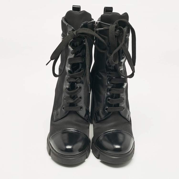 Pre Owned Prada Black Leather and Nylon Ankle Length Boots Size 38