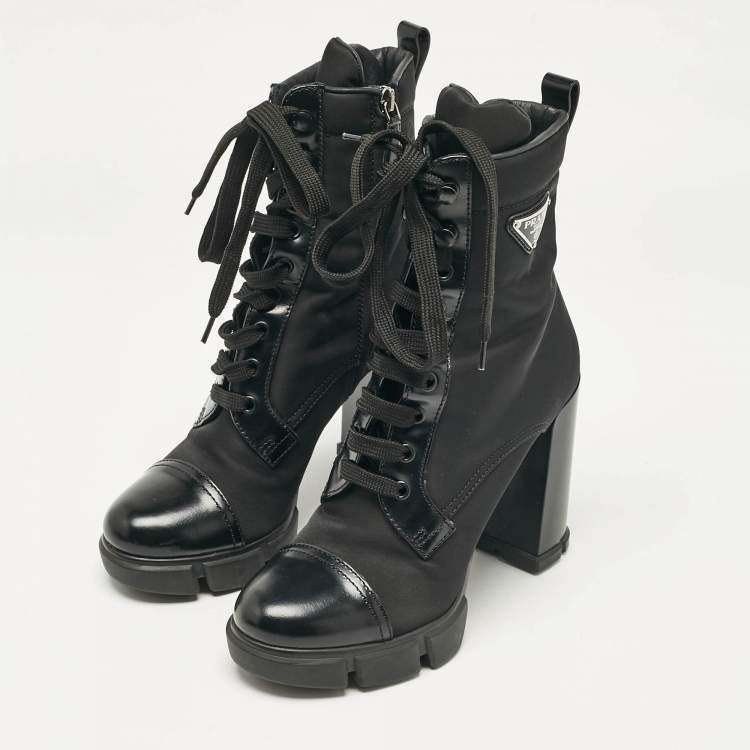 Pre Owned Prada Black Leather and Nylon Ankle Length Boots Size 38