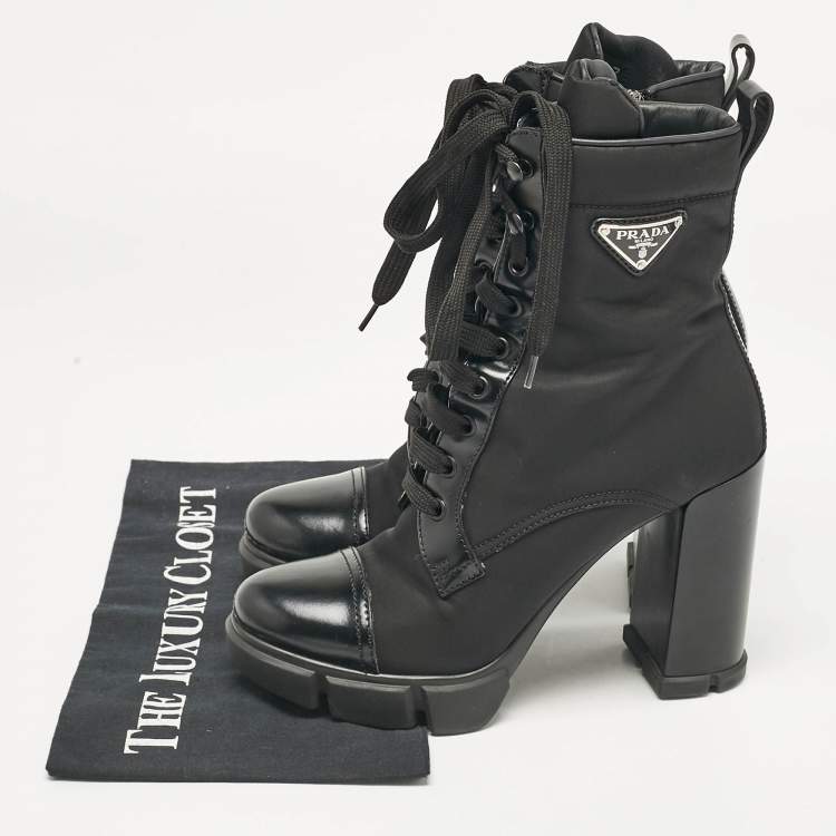 Pre Owned Prada Black Leather and Nylon Ankle Length Boots Size 38