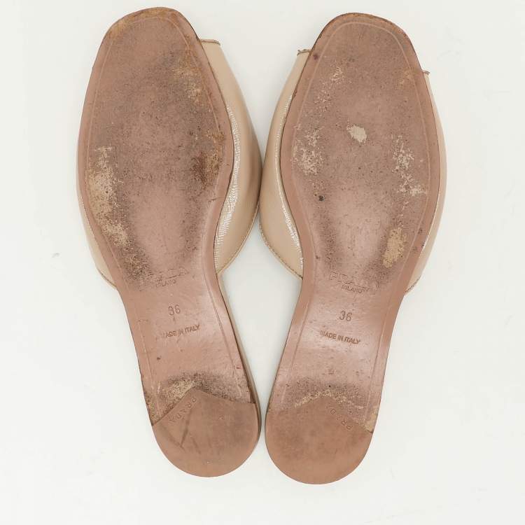 Pre Owned Prada Beige Saffiano Patent Leather Embellished Flat Slides Size 36
