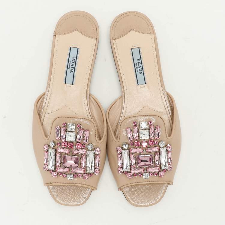 Pre Owned Prada Beige Saffiano Patent Leather Embellished Flat Slides Size 36