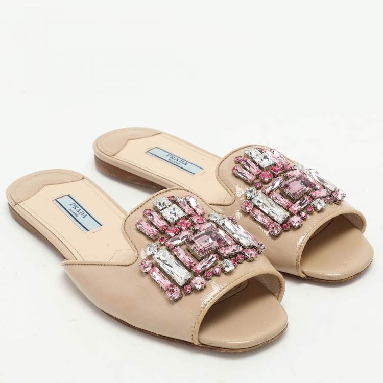 Pre Owned Prada Beige Saffiano Patent Leather Embellished Flat Slides Size 36