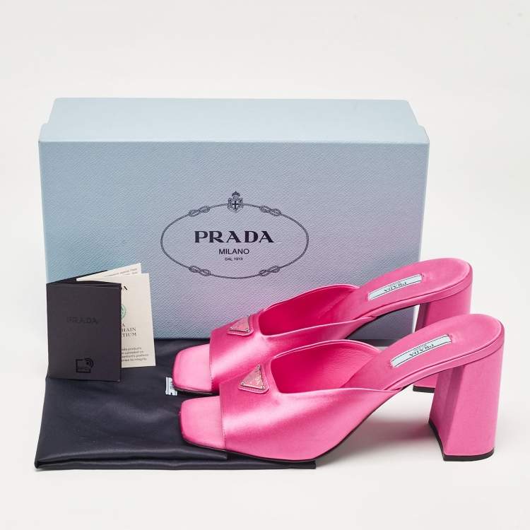 Pre Owned Prada Pink Satin Block Heel Slide Sandals Size 40