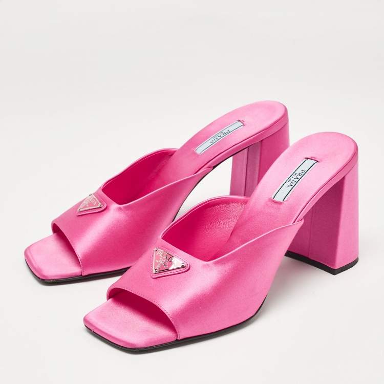 Pre Owned Prada Pink Satin Block Heel Slide Sandals Size 40