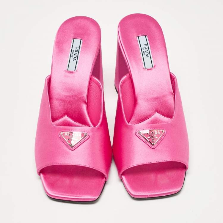 Pre Owned Prada Pink Satin Block Heel Slide Sandals Size 40