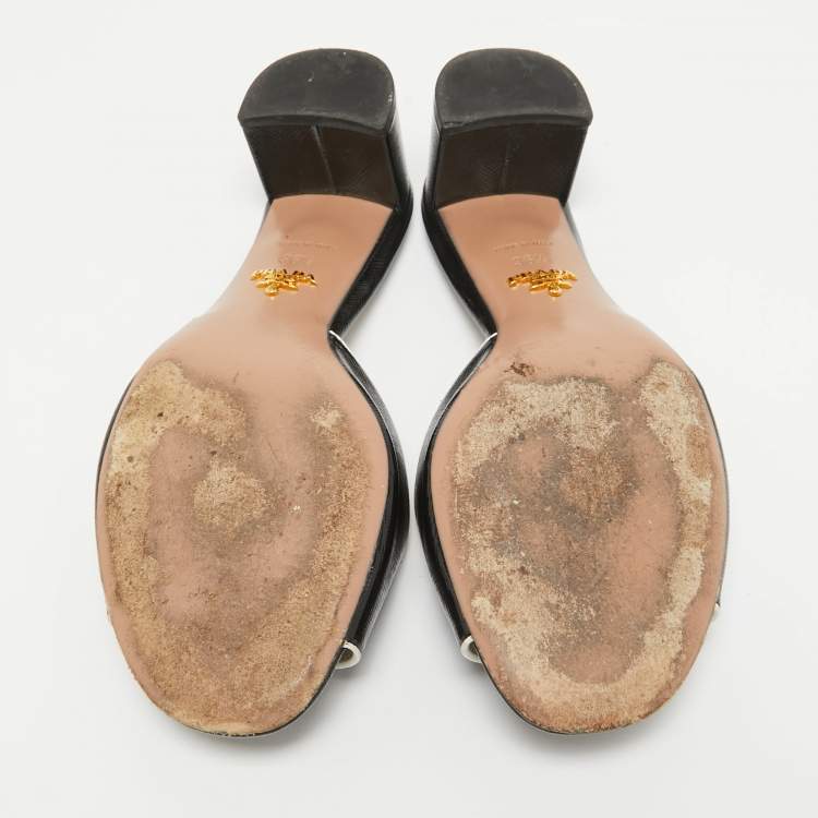 Pre Owned Prada Black Vernice Saffiano Leather Slide Sandals Size 36.5