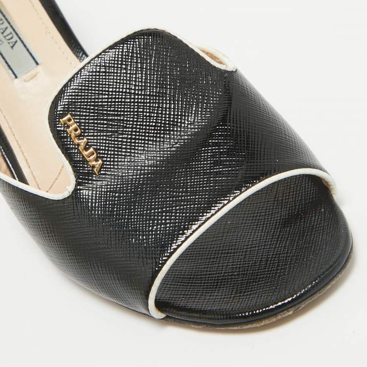 Pre Owned Prada Black Vernice Saffiano Leather Slide Sandals Size 36.5