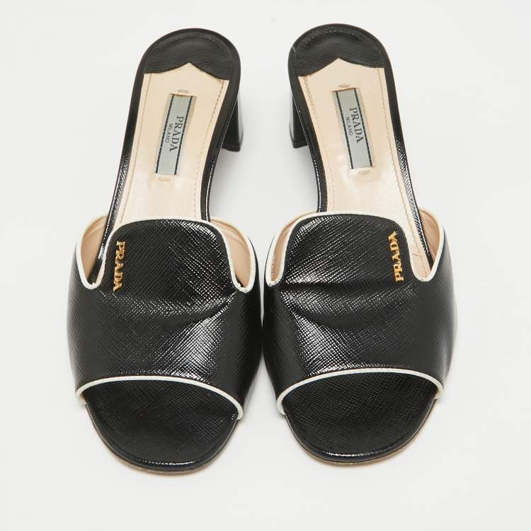 Pre Owned Prada Black Vernice Saffiano Leather Slide Sandals Size 36.5