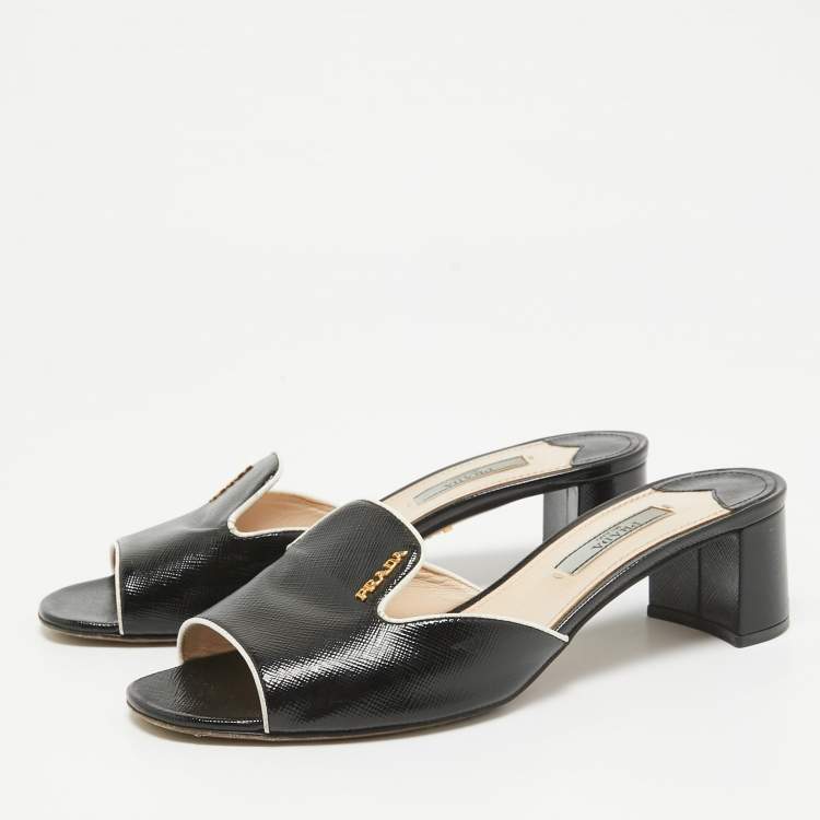 Pre Owned Prada Black Vernice Saffiano Leather Slide Sandals Size 36.5