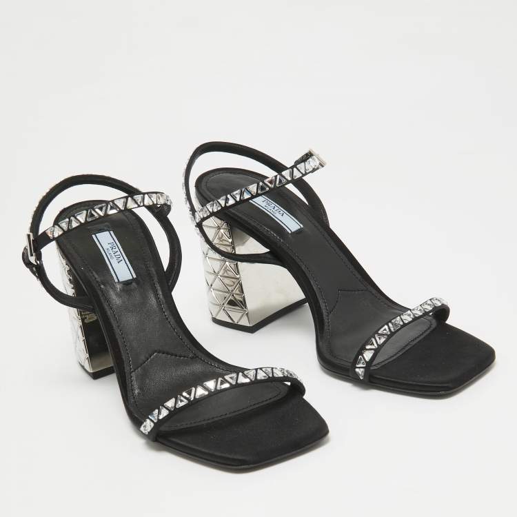 Pre Owned Prada Black Satin Embellished Ankle Strap Sandals Size 39