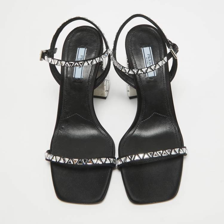Pre Owned Prada Black Satin Embellished Ankle Strap Sandals Size 39