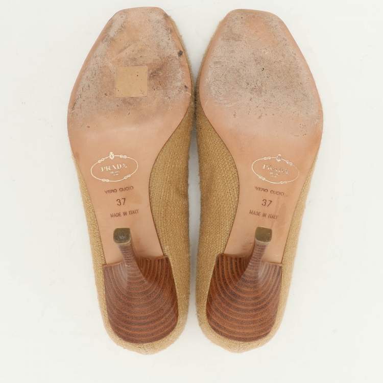Pre Owned Prada Brown Woven Fabric Embellished Peep Toe Pumps Size 37