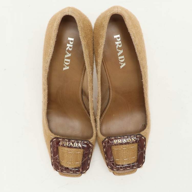 Pre Owned Prada Brown Woven Fabric Embellished Peep Toe Pumps Size 37