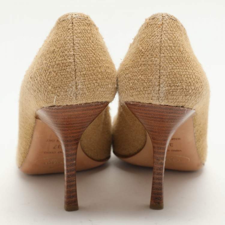 Pre Owned Prada Brown Woven Fabric Embellished Peep Toe Pumps Size 37