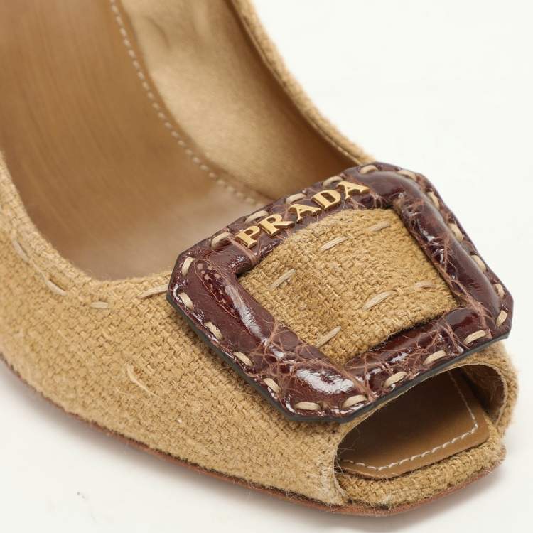 Pre Owned Prada Brown Woven Fabric Embellished Peep Toe Pumps Size 37