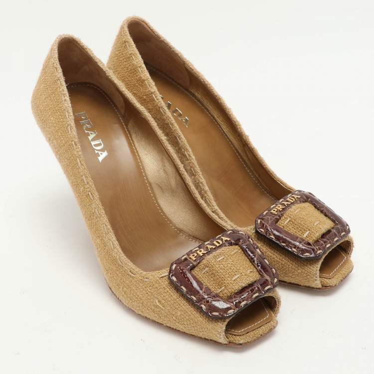 Pre Owned Prada Brown Woven Fabric Embellished Peep Toe Pumps Size 37